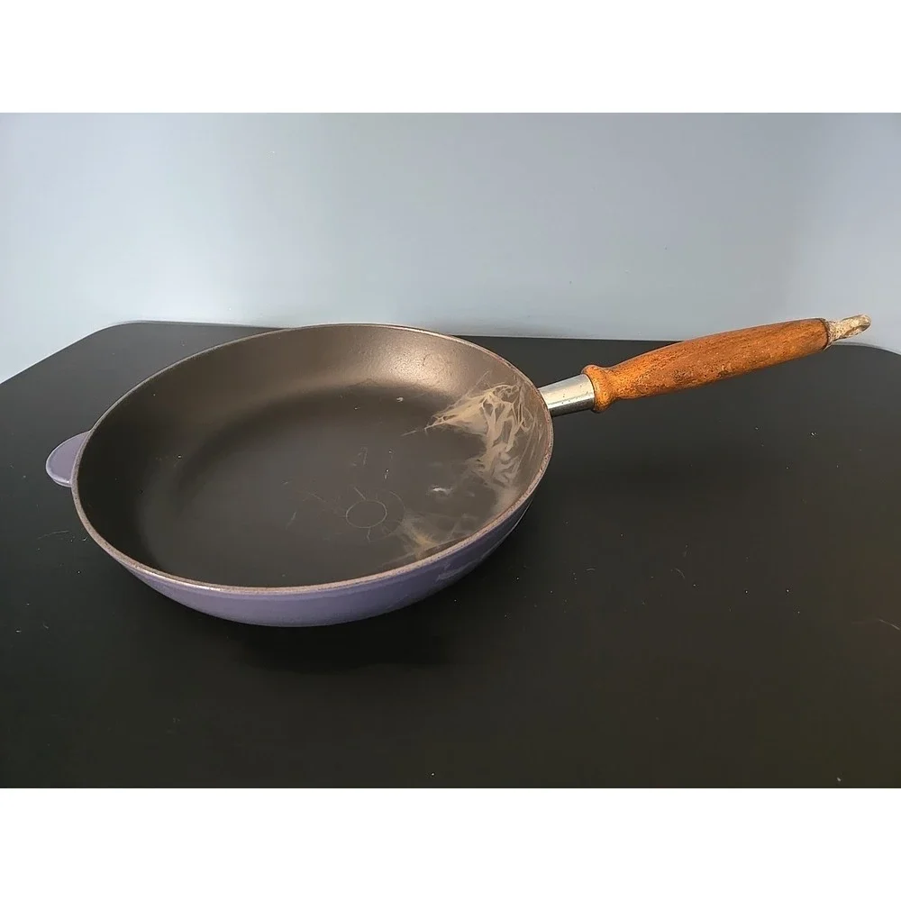 Vintage Le Creuset France #28 Skillet Wood Handle Collectible Blue Cast Iron 11